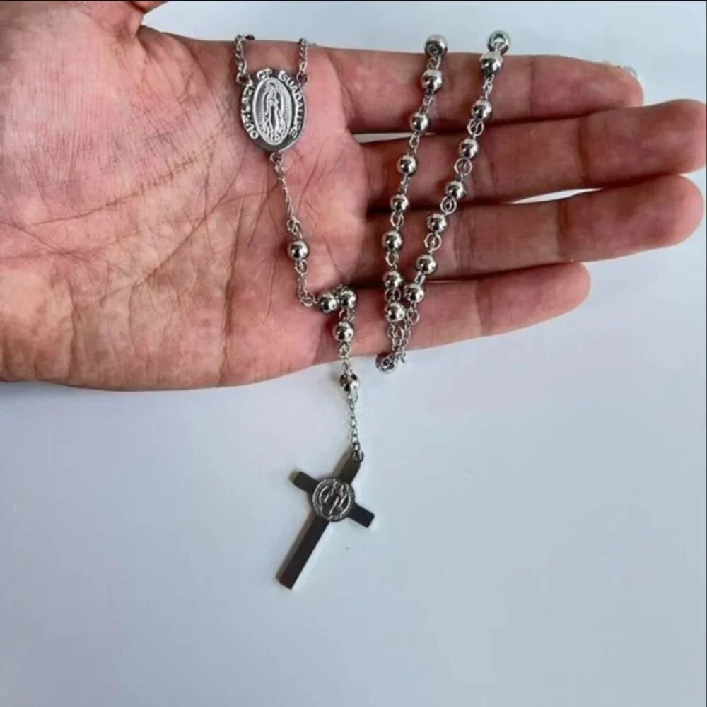 y2k 2000s chrome silver rosary bead necklace